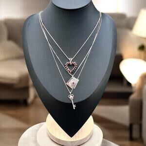 Sterling Silver Gothic Romance Necklace Layer Stack 925 Garnet Ruby Diary Key